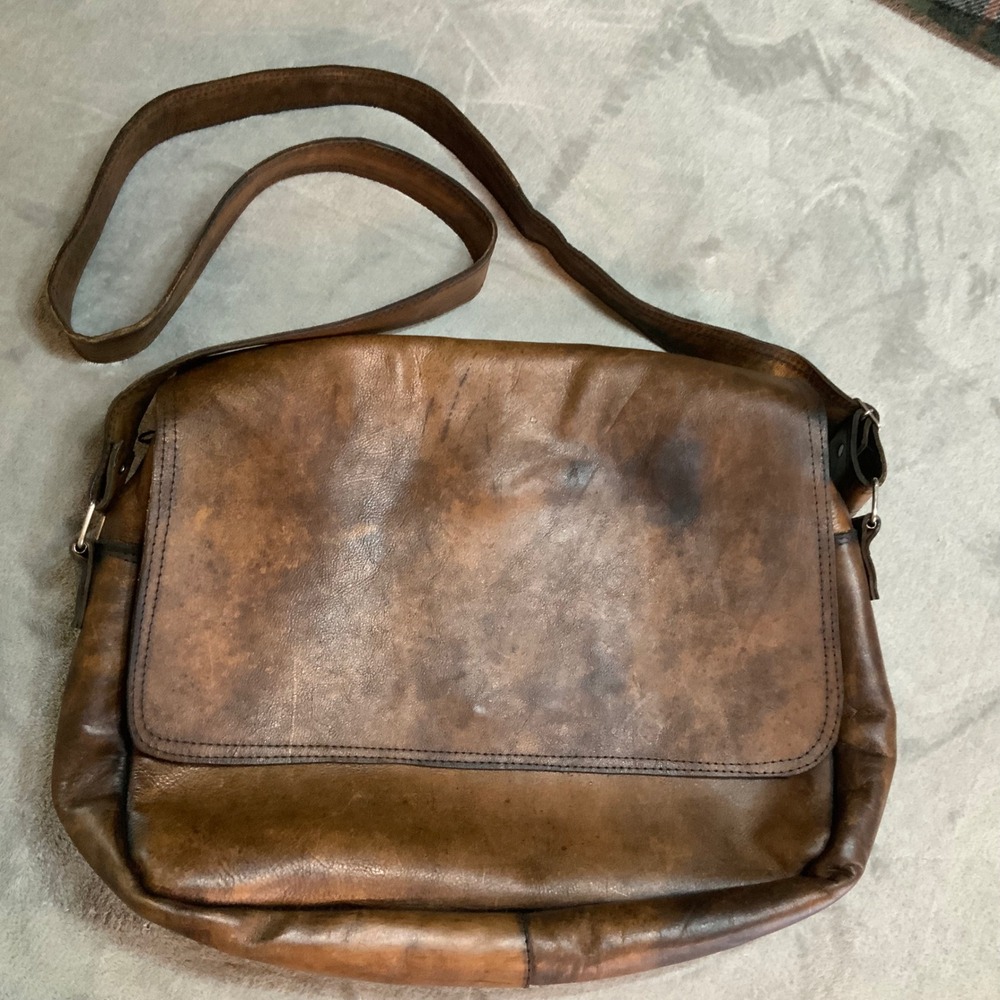 Vintage Distressed Brown Leather Messenger Bag Crossbody Satchel Large Unbranded